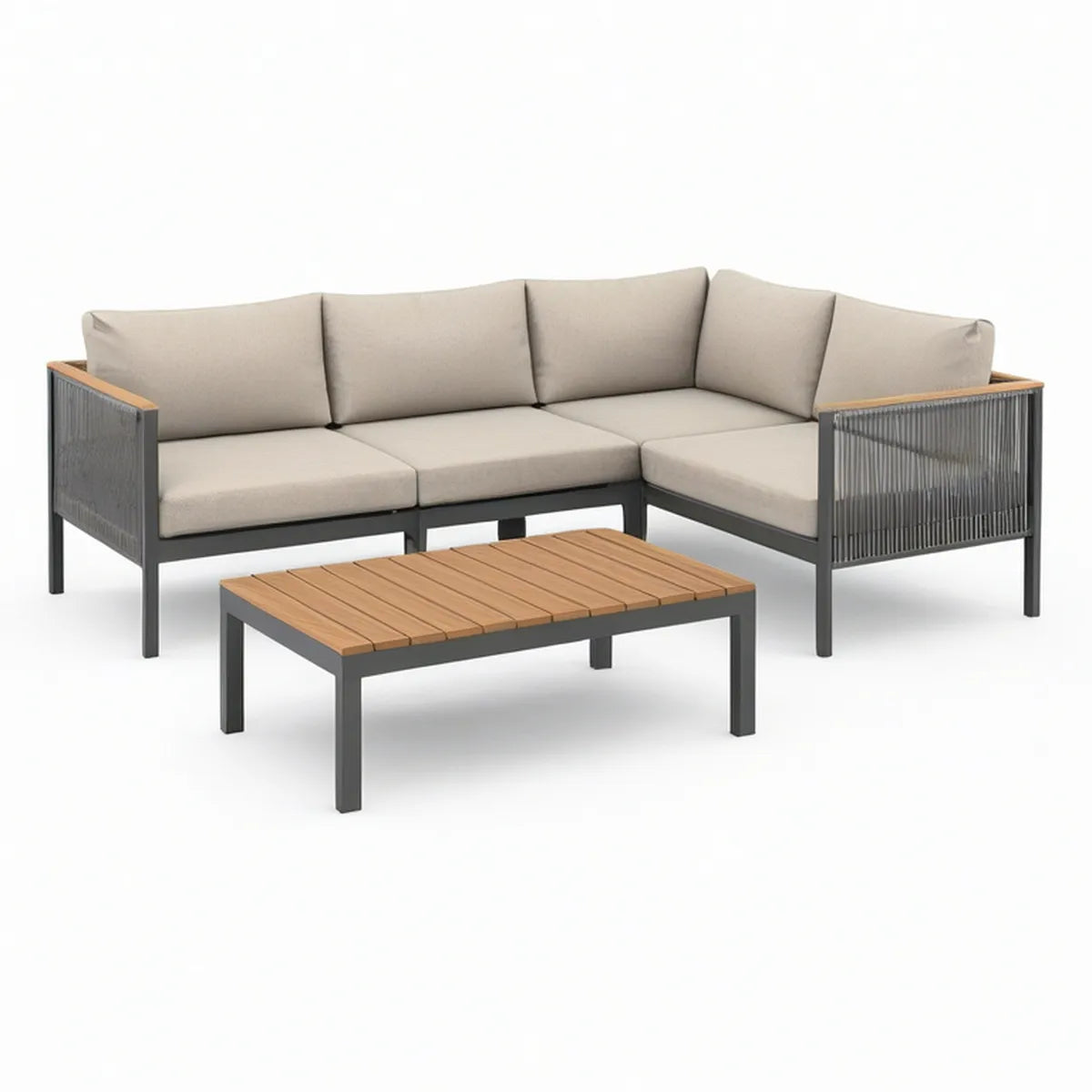 Garten-Lounge-Set mit Ecksofa und Couchtisch, 220 x 220 cm, Aluminium, Akazienholz, Anthrazit/Beige/Naturbraun
