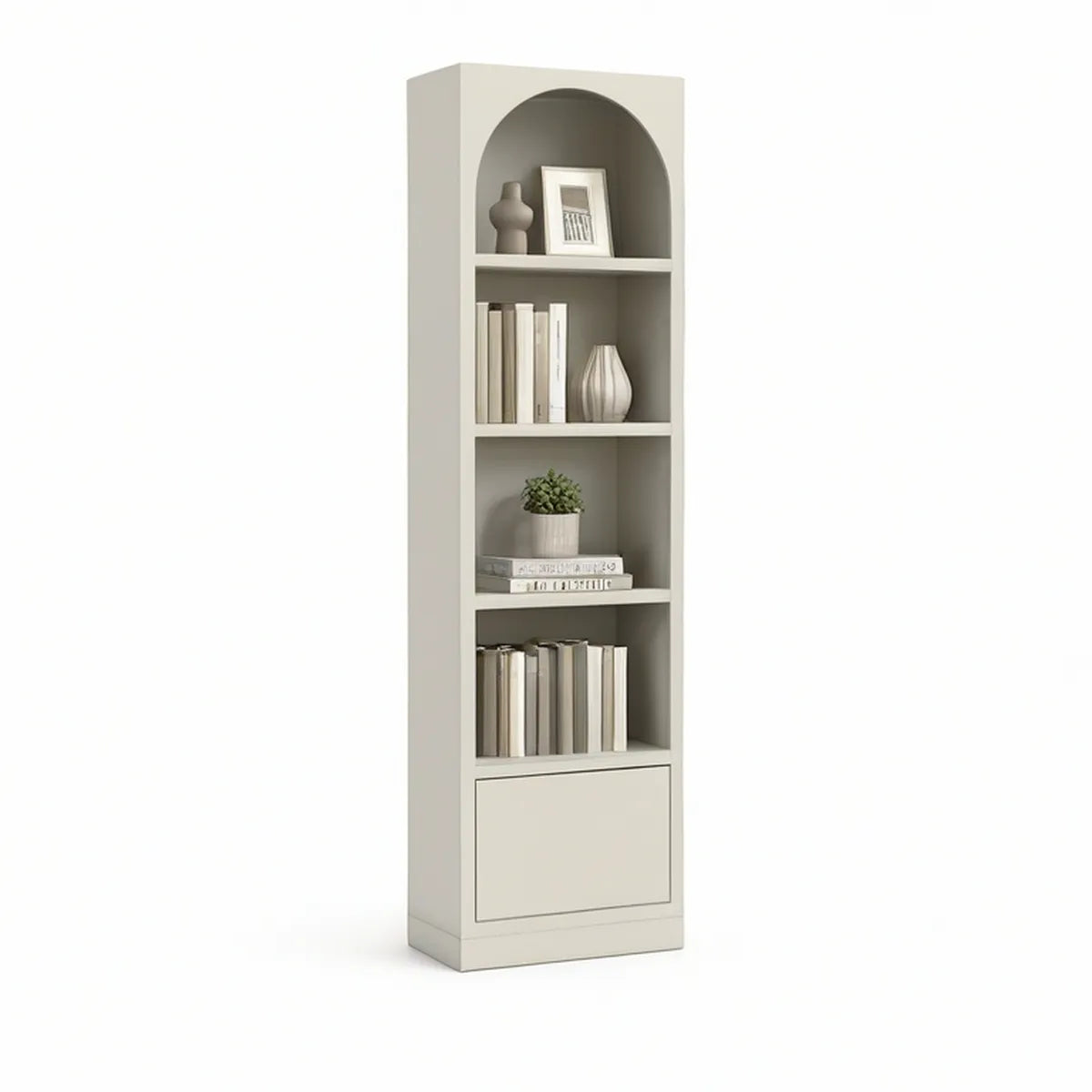 Bücherregal aus MDF mit Rundbogen, Tür und offenen Fächern, Elfenbein, 60 x 30 x 180 cm