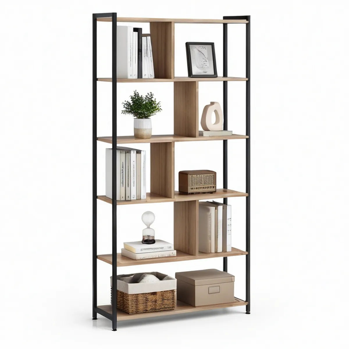 Standregal aus Spanplatte und Stahl, 80 x 30 x 180 cm, Eiche/Schwarz