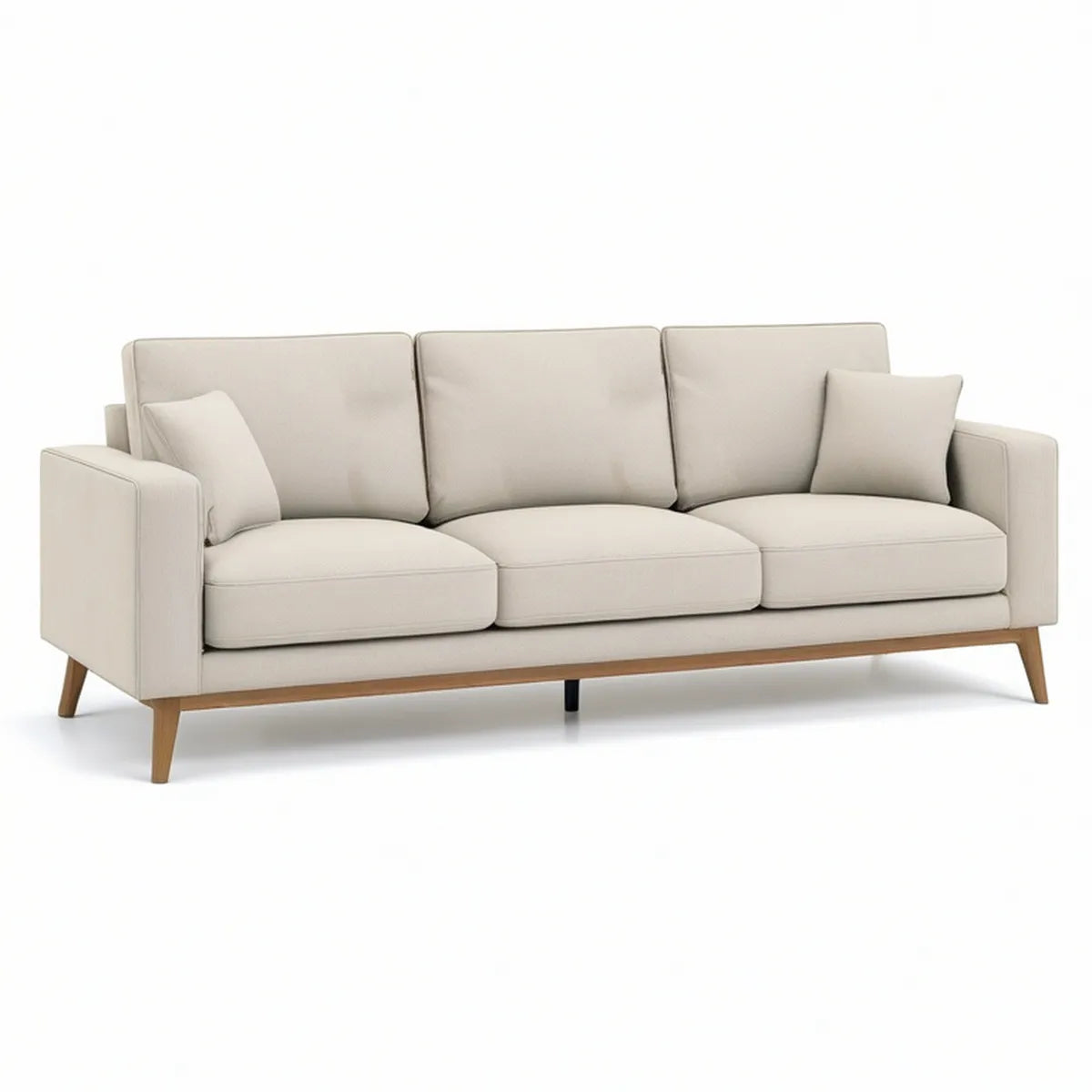 3-Sitzer-Sofa 220 x 90 x 85 cm mit Polyesterbezug, Schaumstoffpolsterung und Gummibaumholzfüssen in Cremeweiss/Naturbraun