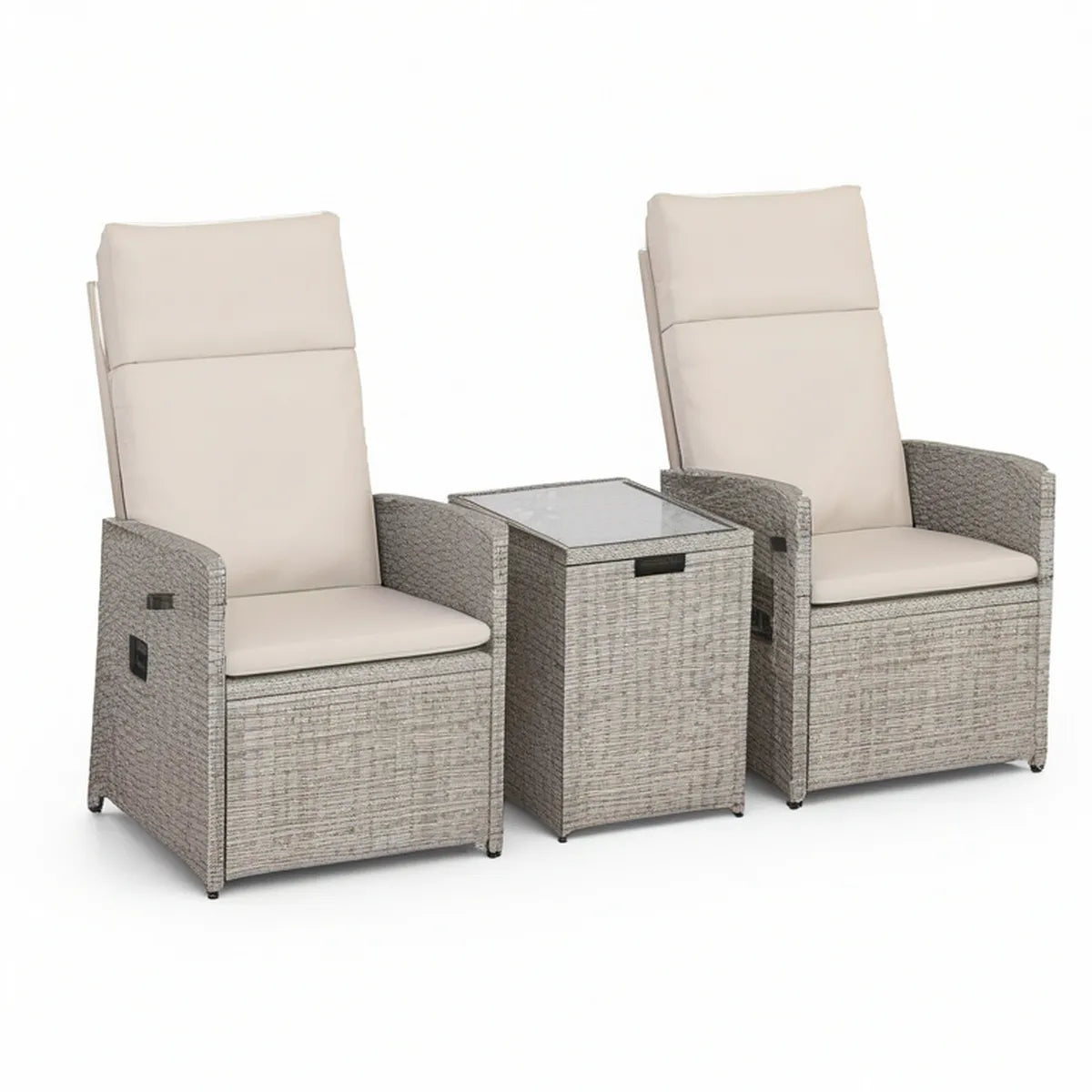 2er-Set verstellbare Garten-Relaxsessel mit quadratischem Beistelltisch, Grau/Creme, 68 x 78 x 108 cm