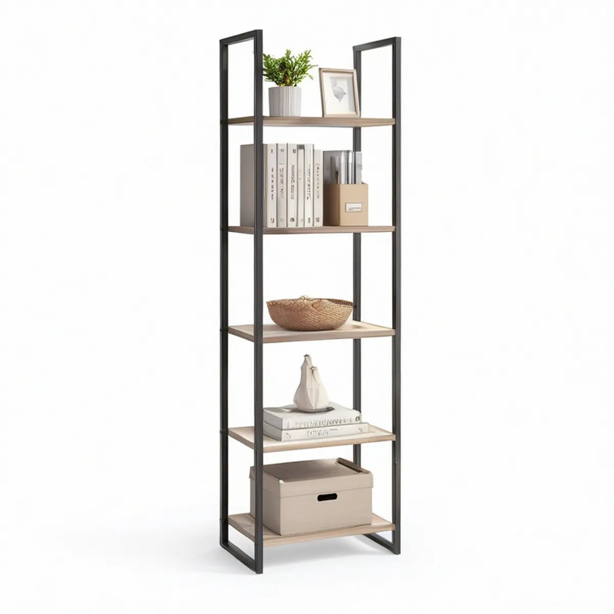 Standregal 60 x 30 x 180 cm mit 5 Ablagen aus MDF und Stahl, Schwarz/Naturholz