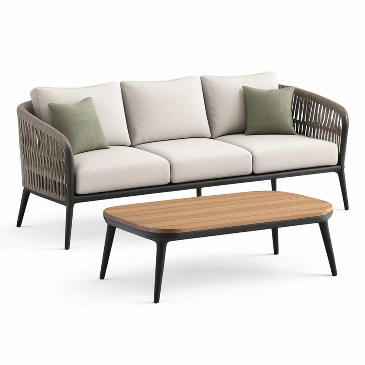 2-teiliges Garten-Lounge-Set mit Dreisitzer und ovalem Tisch, Aluminium und PE-Rattan, Beige/Braun/Schwarz/Grün, Sofa 210 x 82 x 76 cm, Tisch 110 x 60 x 42 cm