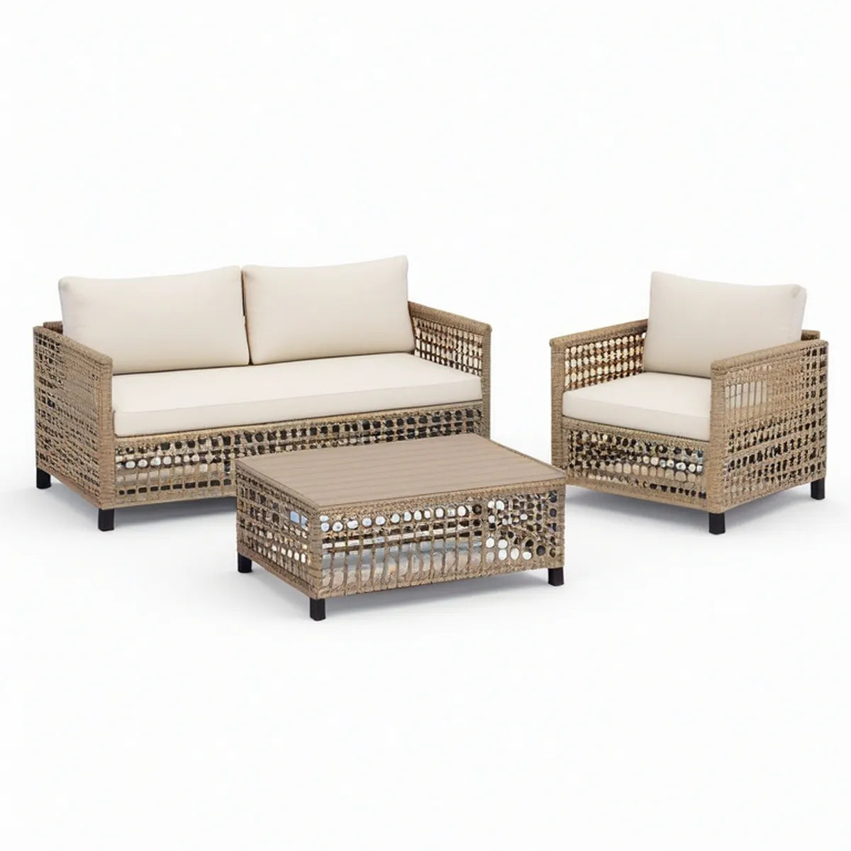 3-teiliges Gartenlounge-Set mit 2-Sitzer-Sofa, Sessel und Couchtisch, PE-Geflecht Beige/Cremeweiss/Schwarz