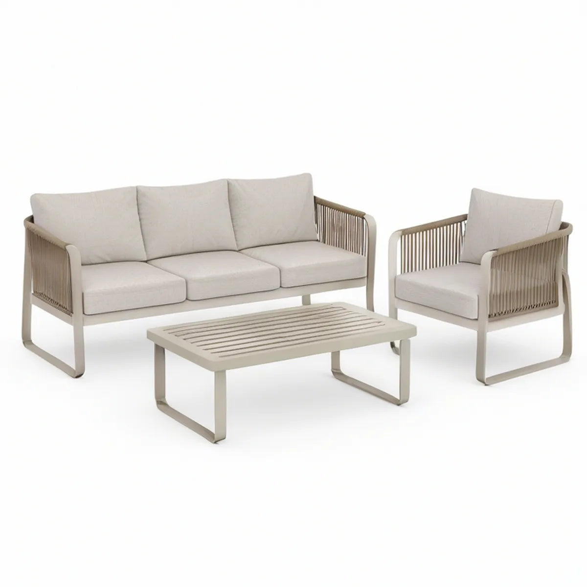 3-teiliges Gartenlounge-Set mit Dreisitzer, Sessel und Couchtisch, Beige/Taupe/Creme, Dreisitzer 200 × 80 × 75 cm