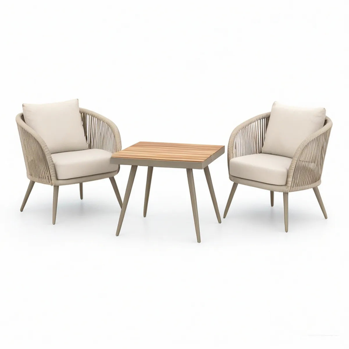 Gartenmöbel-Set Beige/Naturholz/Taupe mit 2 Sesseln 65 x 70 x 80 cm und Tisch 50 x 50 x 45 cm