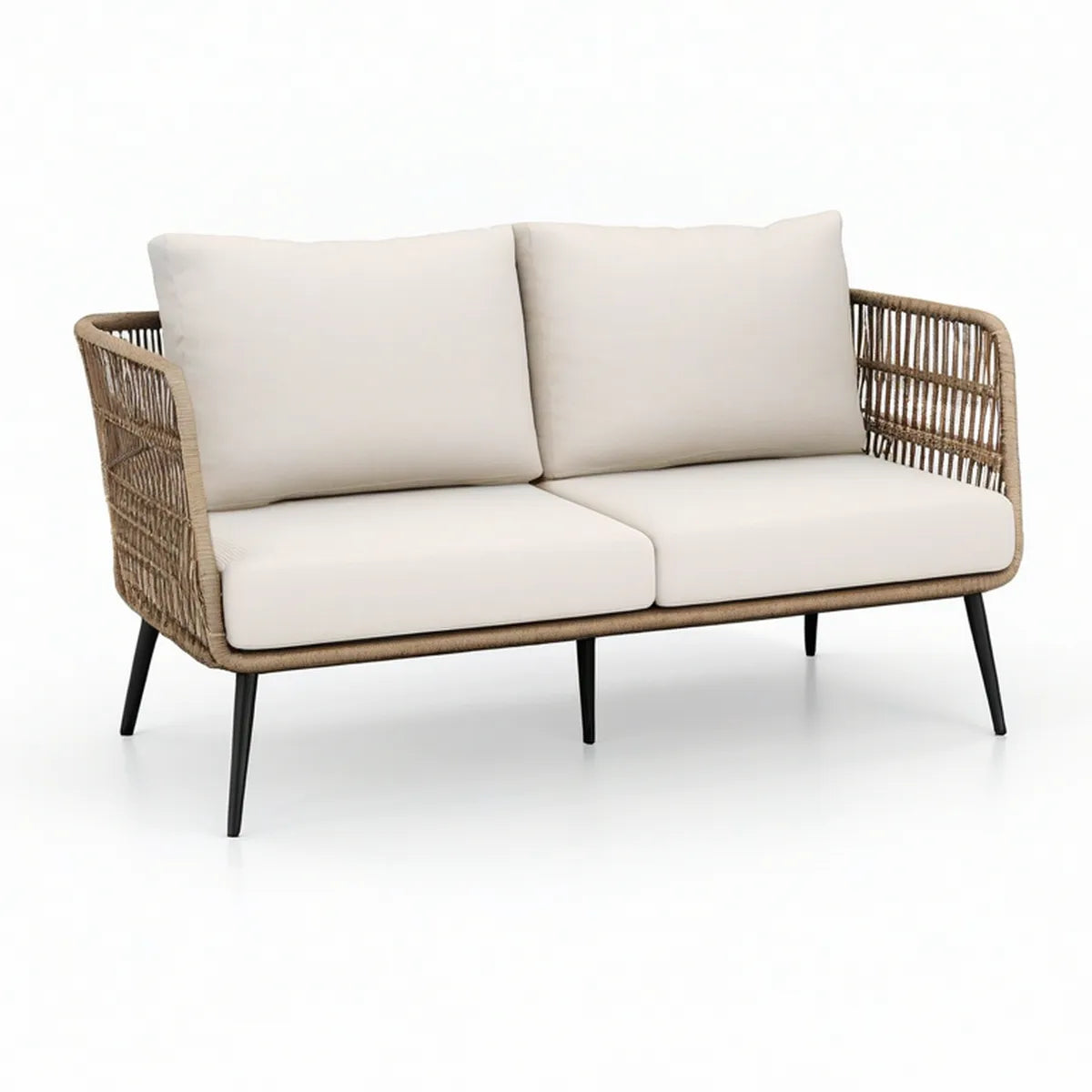 2-Sitzer mit PE-Rattan und Polyesterkissen, Beige/Schwarz, 140 x 75 x 76 cm