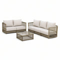 3-teiliges Garten-Lounge-Set Beige/Taupe mit transparenter Glasplatte, 2-Sitzer 150 x 75 x 70 cm, 3-Sitzer 220 x 75 x 70 cm, Tisch 110 x 60 x 45 cm