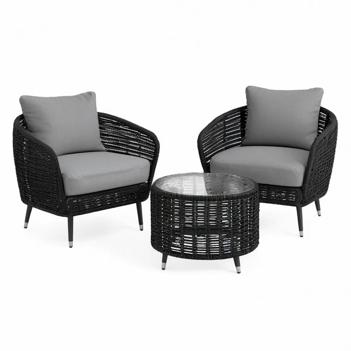 3-teiliges Gartenlounge-Set mit 2 Sesseln und rundem Tisch, Schwarz/Grau, Sessel 75 x 70 x 75 cm, Tisch Ø 60 x 42 cm